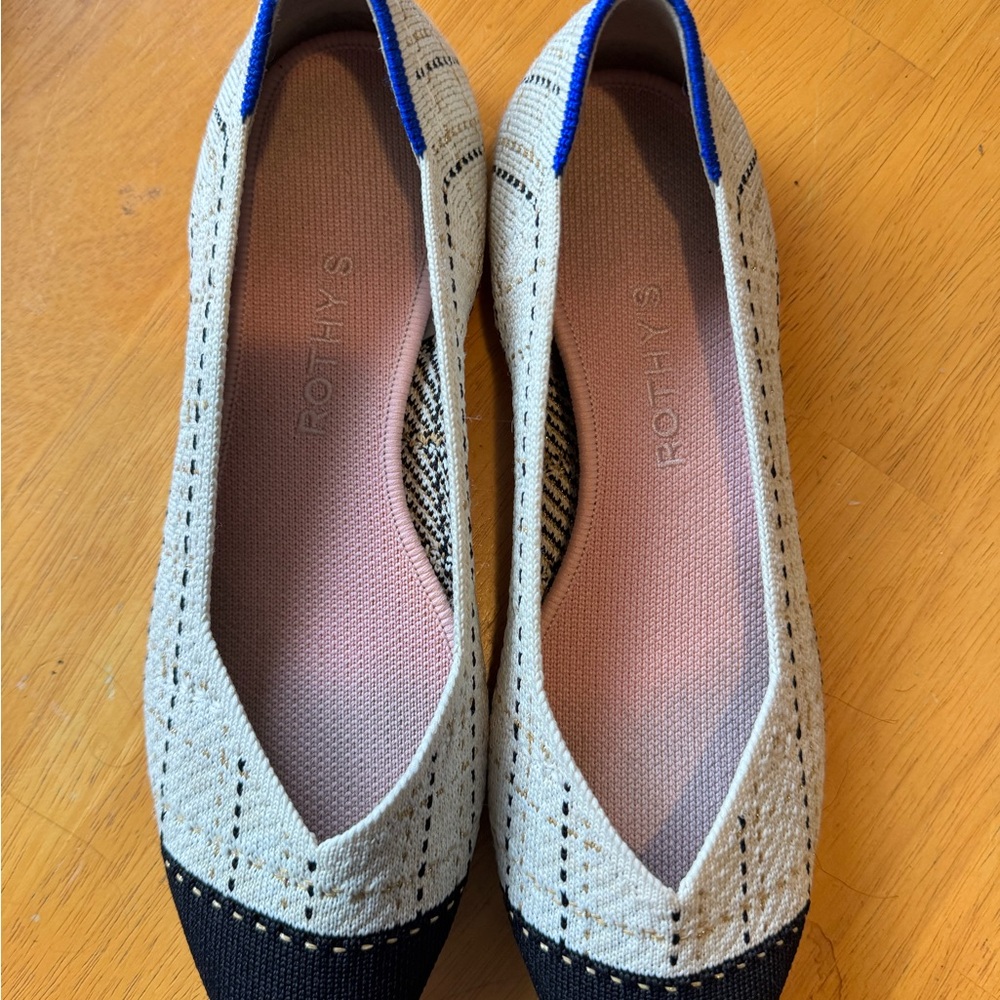 Rothy's Beige and Black Flats with Gold Accents